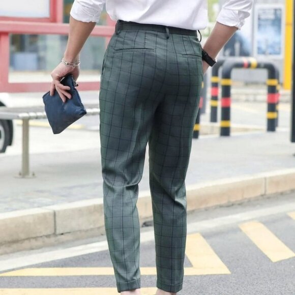 Green Preppy Men's Grid Tailored Pants - Picture 2 of 8